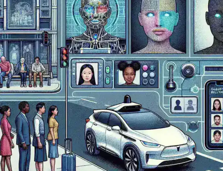 "Illustration depicting AI bias in self-driving cars, featuring a self-driving vehicle struggling to detect pedestrians accurately, symbolizing issues in pedestrian detection, image generation defaults, and facial recognition errors."
