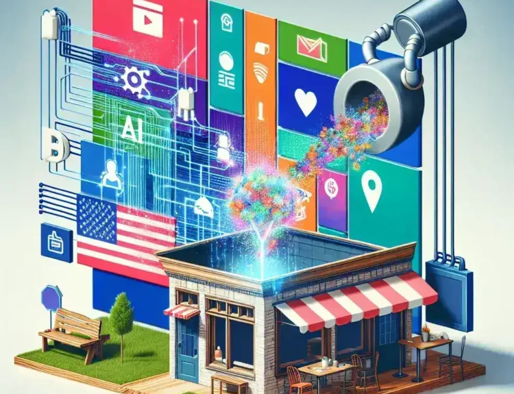 "Meta's AI-generated ad campaign showcasing small U.S. businesses, featuring vibrant visuals of diverse entrepreneurs and innovative products, highlighting digital marketing solutions for local growth."